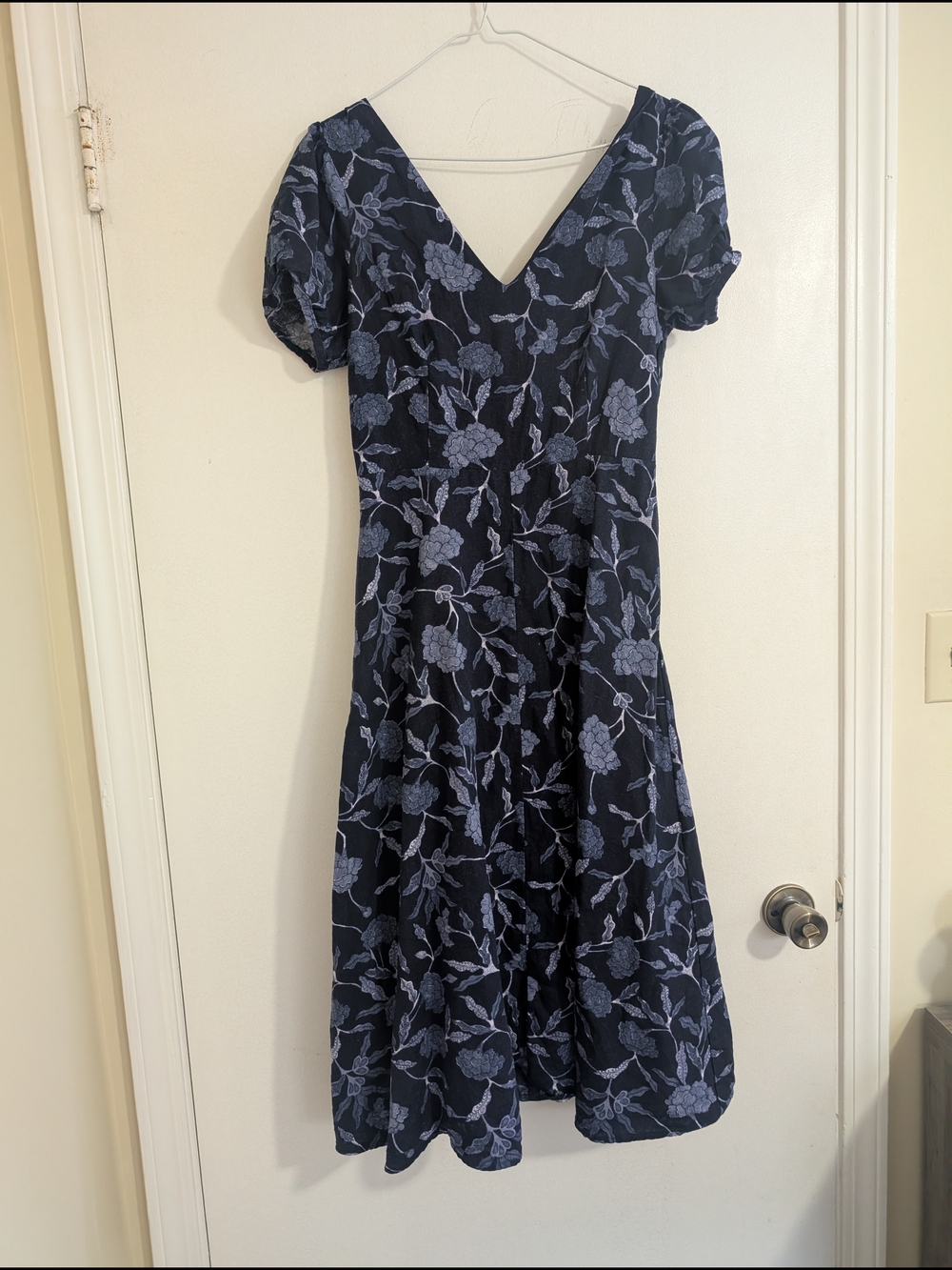 GAP Navy Linen Blend Midi Dress with Light Blue Floral Pattern
